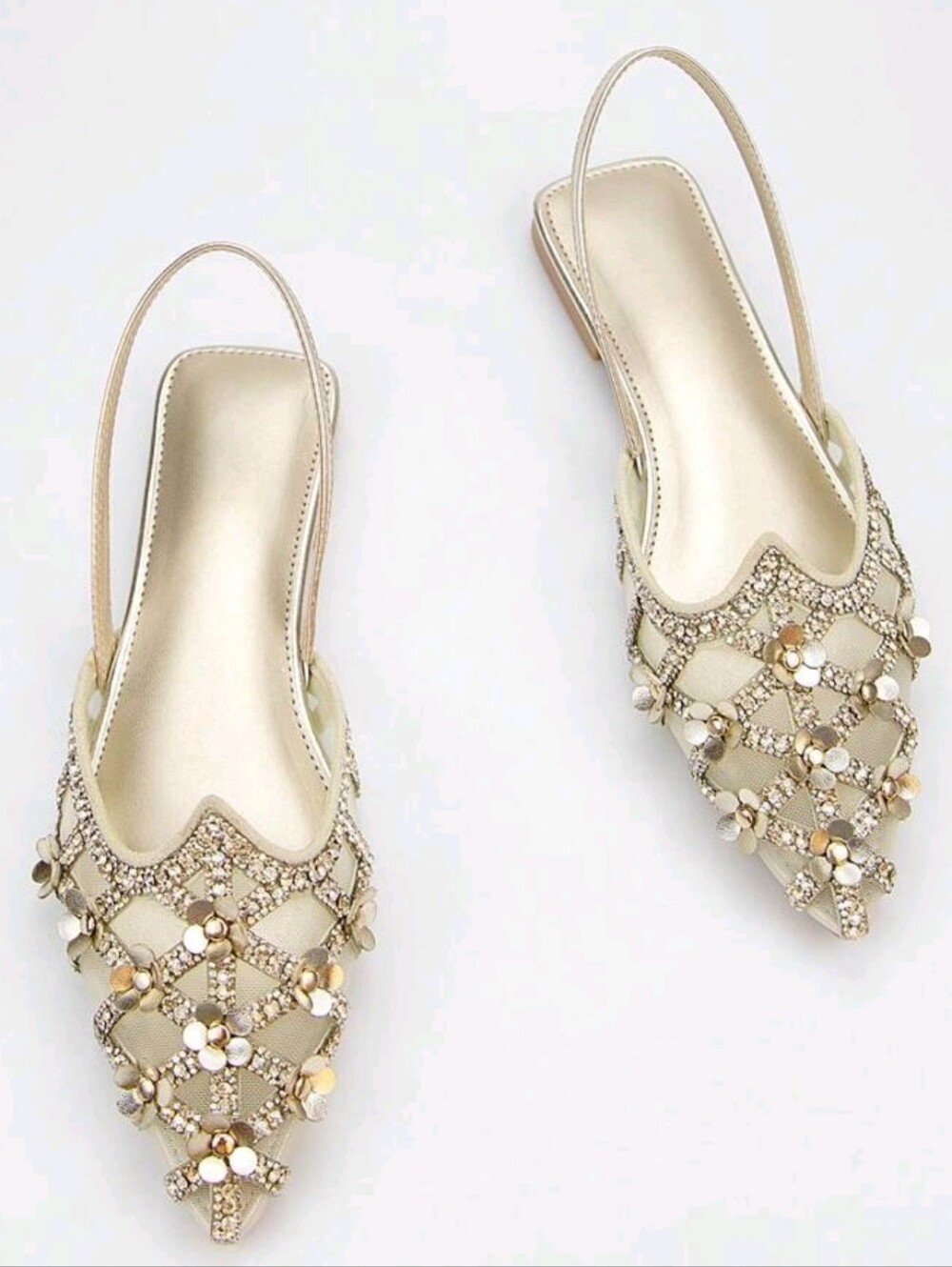 New Embellished White Slingback Pointed-Toe Flats